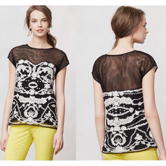 Anthropologie Odille Cybele Tulle Anniversary Embroidered Mesh Lace Top - S / M* - Picture 1 of 11
